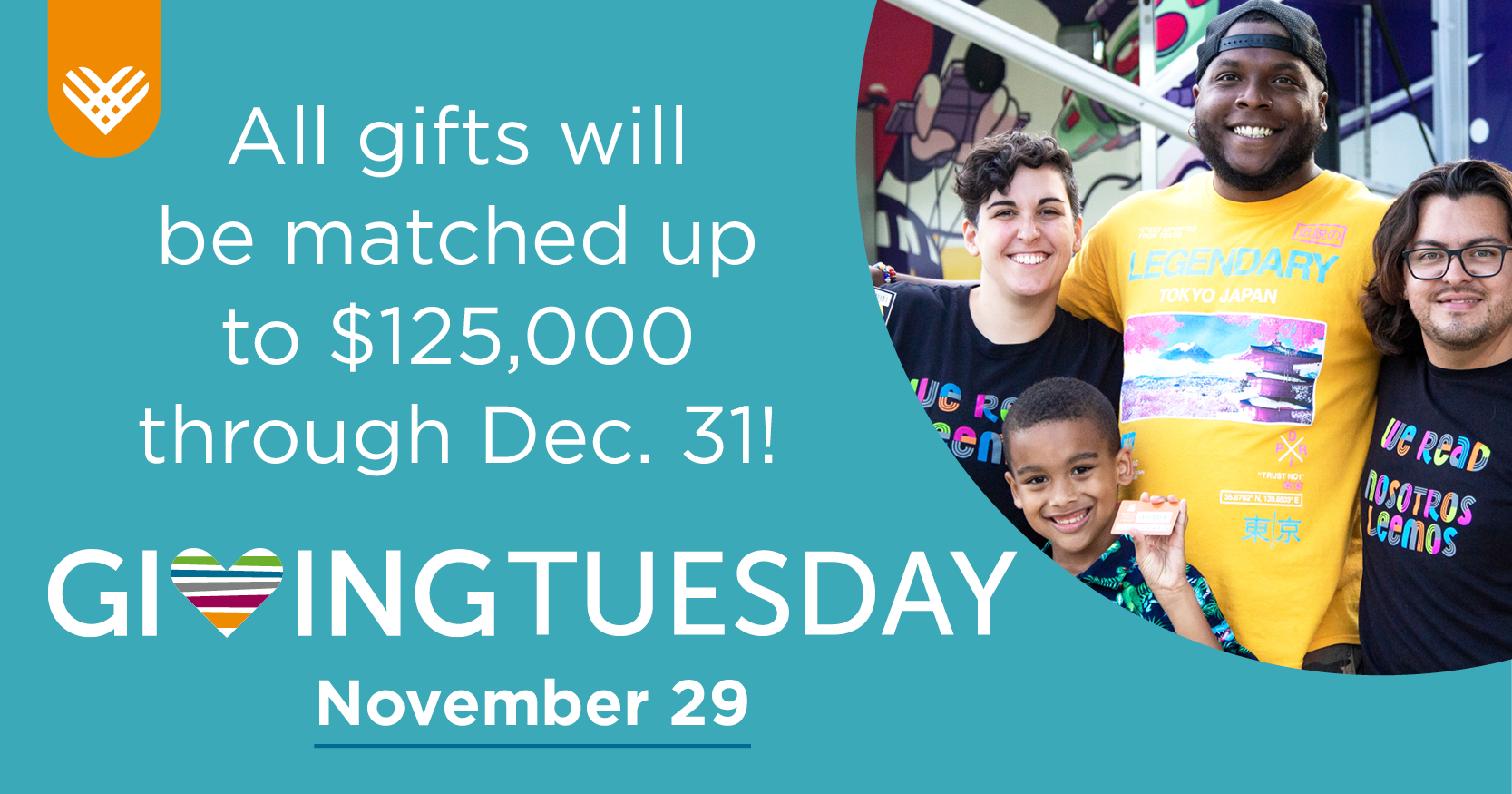 Photo of library staff and child for Giving Tuesday – November 29 – All gifts will be matched up to $125,000 through Dec. 31!