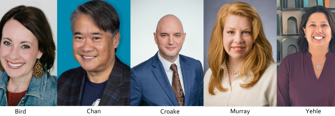 Fall 2023 new board members' head shots – Bird, Chan, Croake, Murray, Yehle