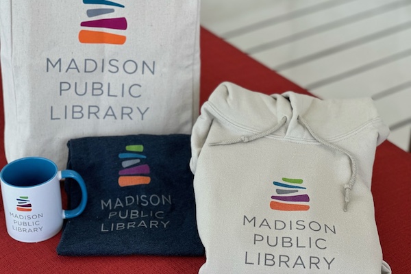 Madison Public Library logo items – T-shirt, mug, hoodie, tote bag